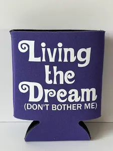 Living the Dream Koozie Purple Can Cooler White Text