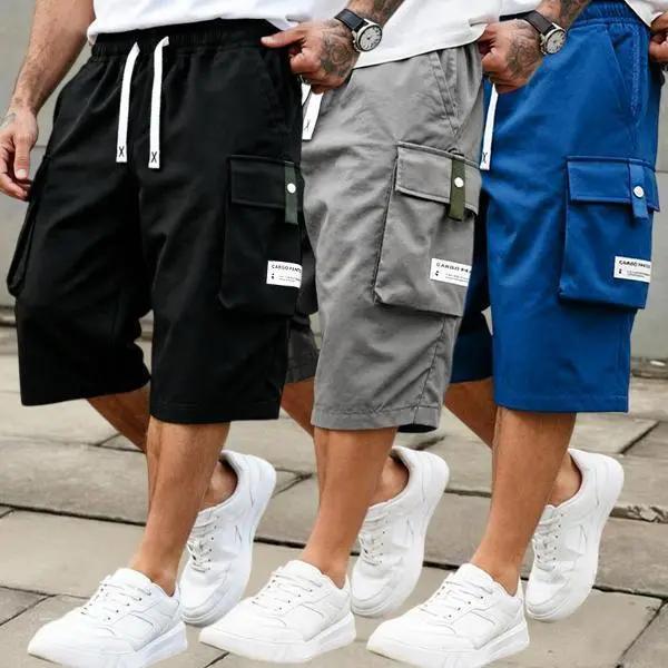 Men's Summer Casual Cargo Shorts - Elastic Drawstring Waist, Multiple Pockets & Letter Patch Design, Regular Fit Mid-Rise Non-Stretch Fabric for Daily Wear & Leisure Activities, Nontransparent Fabric