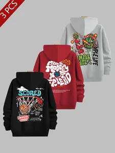 Men's Letter Planet Print Fleece Hoodie, Casual Unisex Hooded Top, Summer Fashion, Moderate Fabric, 3-Pack Set