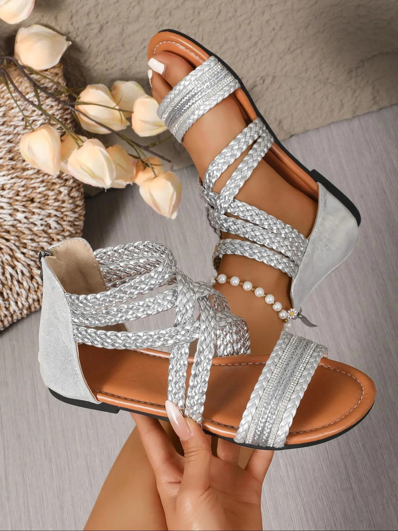 Women's Fashionable Gladiator Sandals, elegant fashionable zipper sandals, Casual Versatile Flat Sandals for Summer, Lightweight Breathable Comfortable Shoes for Daily Wear, Casual Trendy Sandals, Girl, Boho Style Sandal