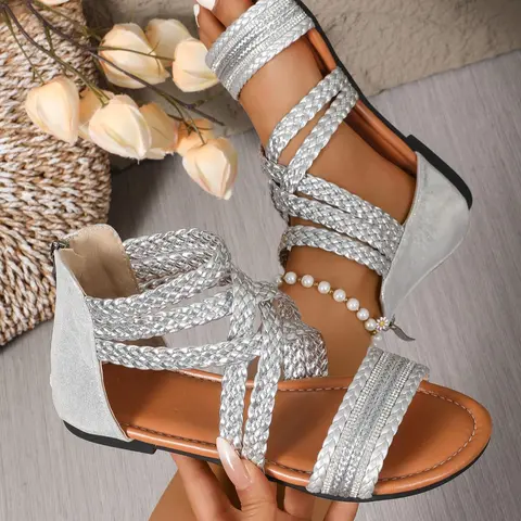 Women's Gladiator Sandals, Trending Sandals, fashionable zipper sandals, Casual Versatile Flat Sandals for Summer, Lightweight Breathable Comfortable Shoes for Daily Wear, Boho Style Sandal