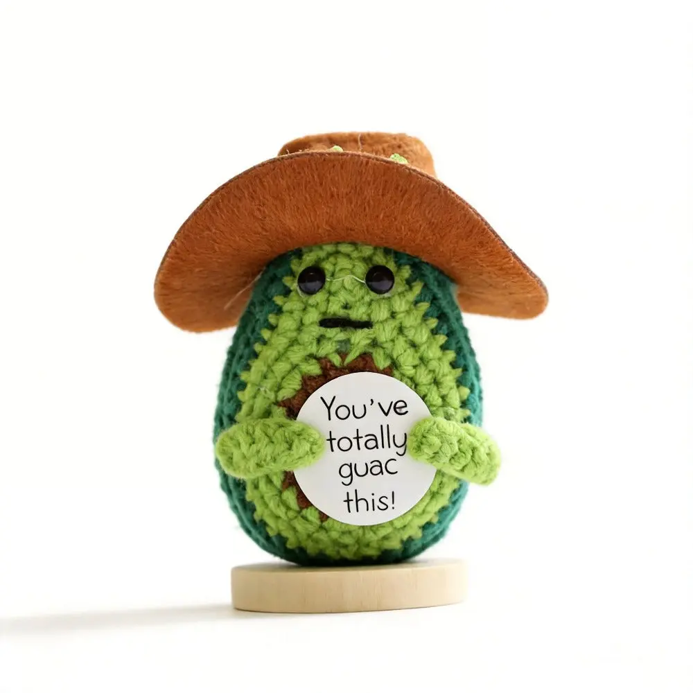 Handmade Amigurumi Crochet Western Tiny Cowboy Avocado Kawaii Stuffed Animal Desk Buddy - Cotton Yarn Fabric, Felt Cowboy Hat, Soft Huggable Desk Accessory, Unisex Western Charm Stuffed Animal Gift for Family Member Decoration