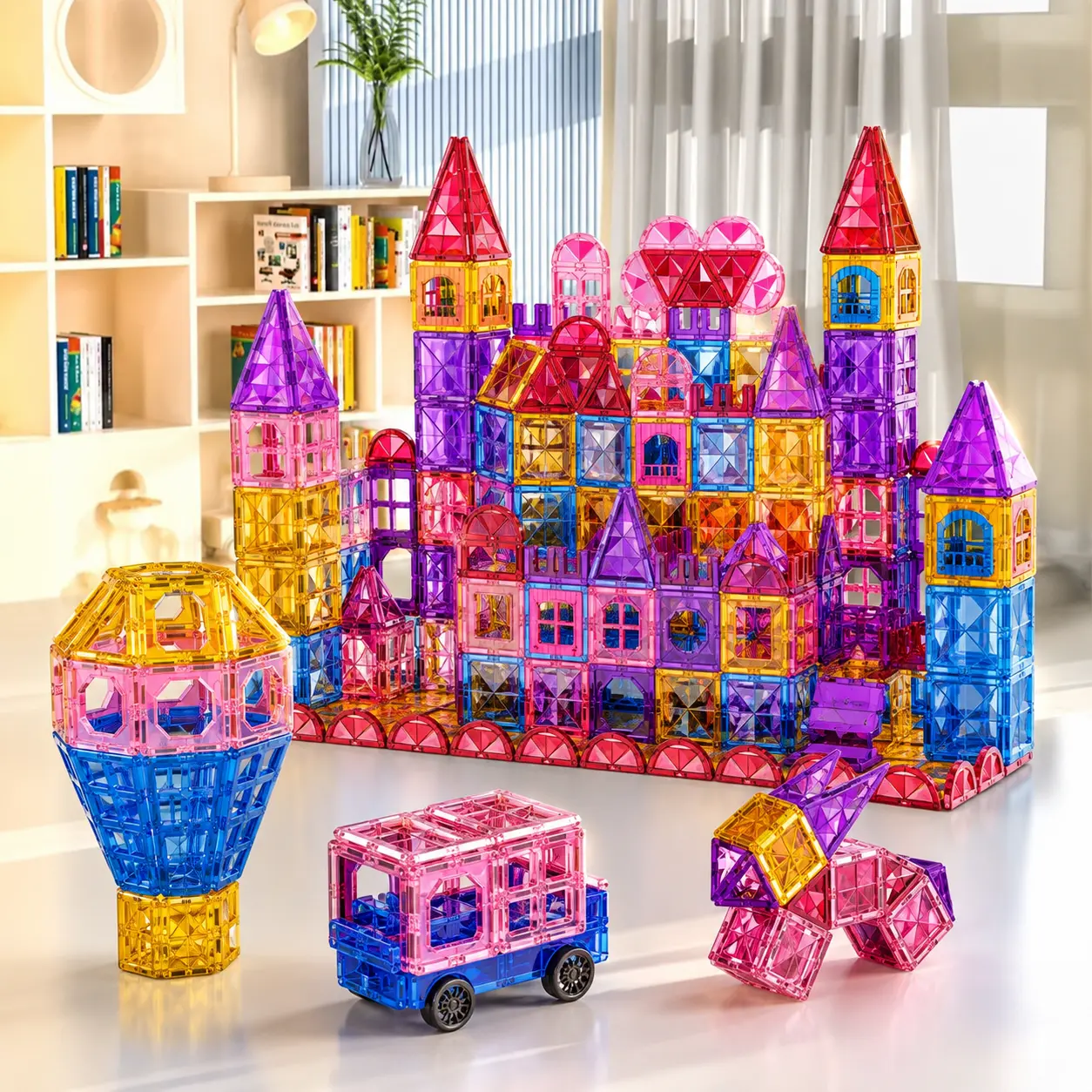144-Piece Colorful Translucent Diamond Magnetic Tile Kit - Plastic Safe STEM Learning Toy for 4-6 Years Unisex Kids, Stimulates Creative Play, Child Growth, Parent-Child Interaction & Stress Relief Sensory Fidget Birthday Gift