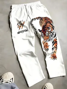 Men's Tiger Print Wide Leg Pants, Streetwear Graphic Straight Leg Trousers, Loose Fit Elastic Waist Casual Joggers, Bold Animal Print White Pants, Perfect for Street Style, Daily Wear, Urban Outfits #springsaledeals2026 #summeroutfits