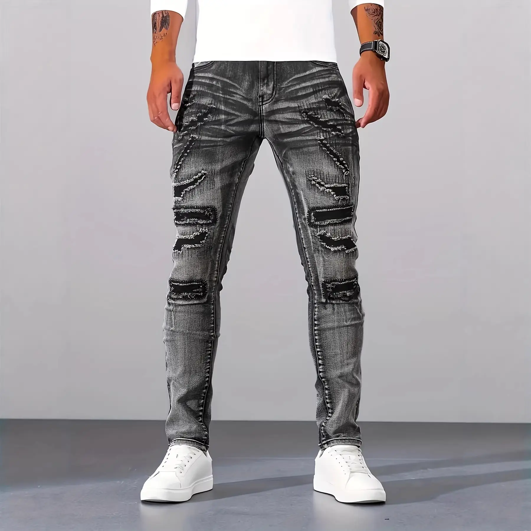 Men's Slim Fit Stretch Denim Jeans - Silver Gray, Multi-Design Washed, Ripped Details, Pockets, Tight Above Ankle Streetwear Clothing - Comfortable, Durable All-Season Casual Night Out Pants, Tight Jeans, Above Ankle Men's Jeans