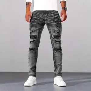 Men's Silver Gray Slim Fit Stretch Nylon Jeans, 2026 New Arrival Menswear Pants, Stretchy Denim with Multi-Design Washed & Ripped Distressed Details, Versatile for Streetwear & Casual Night Out Wear, All Seasons tiktokshopspringglowup