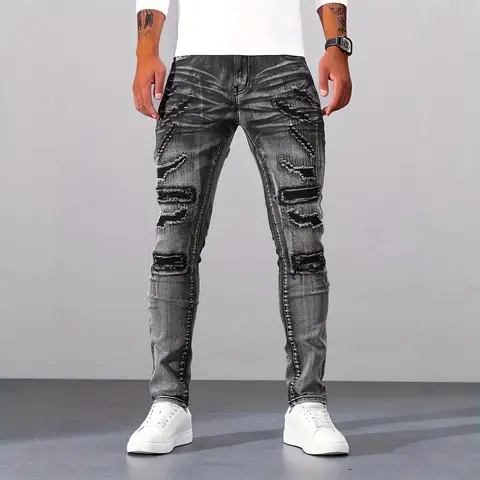 Men's Silver Gray Slim Fit Stretch Nylon Denim Jeans - 2026 New Arrival, Distressed Ripped Details, Multi-Wash, Pockets, Streetwear Look, All Seasons, Fitted Skinny Cut, Stretch Denim Feels Comfy, Casual Weekend Wear, Jeans That Upgrade Outfits