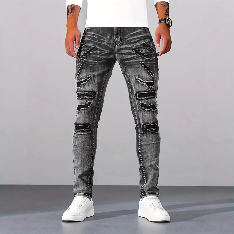 Men's Silver Gray Slim Fit Stretch Nylon Denim Jeans - 2026 New Arrival, Distressed Ripped Details, Multi-Wash, Pockets, Streetwear Look, All Seasons, Fitted Skinny Cut, Stretch Denim Feels Comfy, Casual Weekend Wear, Jeans That Upgrade Outfits