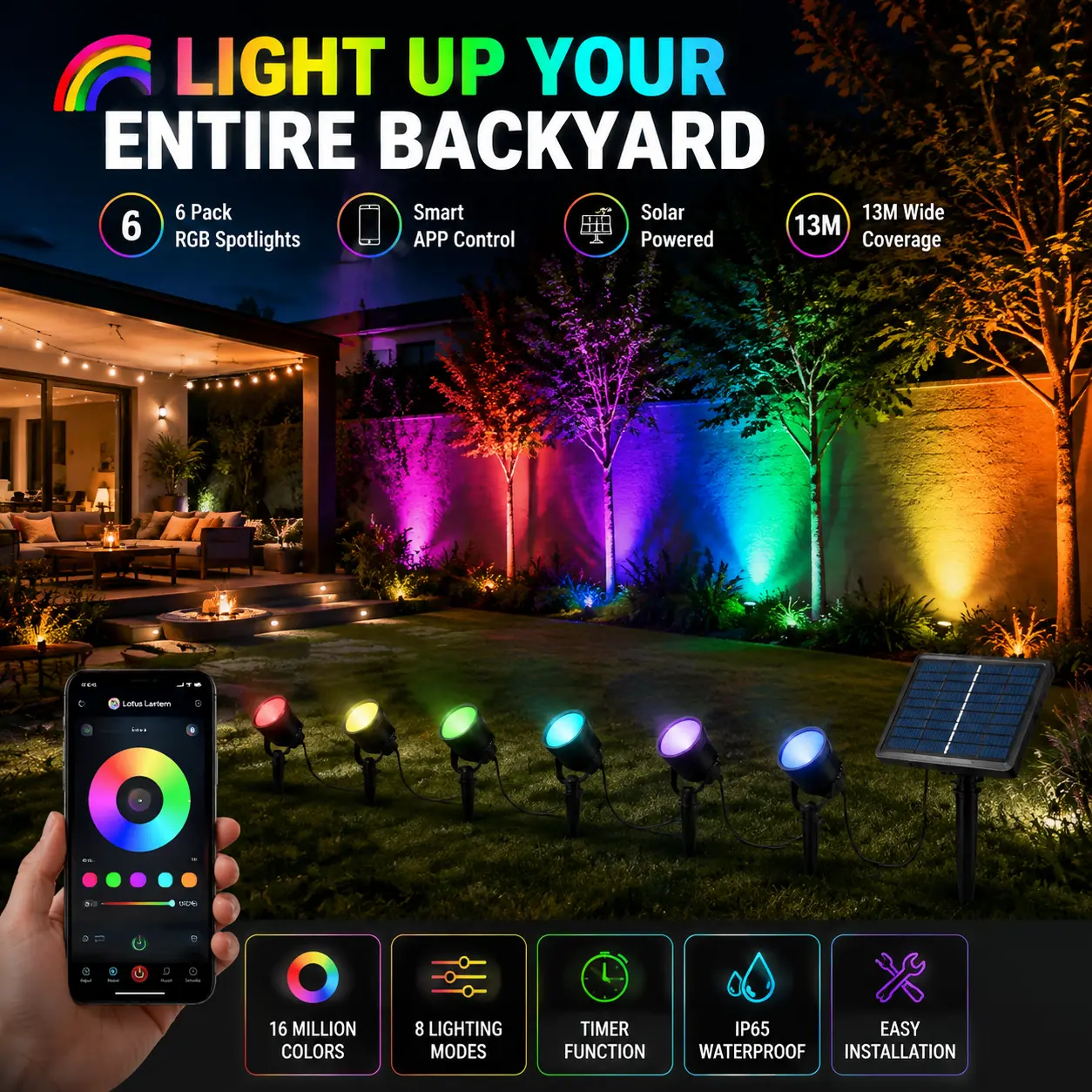 6-Pack Outdoor Smart RGB Solar Spotlights, APP-Controlled Color-Changing Landscape Lights with 13M Coverage, for Backyard, House Wall & Party Decoration