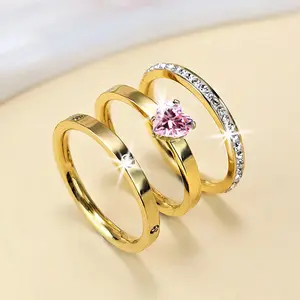"Golden 3-Piece Ring Set for Women, Minimalist Stackable Bands with Pear-Shape CZ & Sparkly Crystal Accents, Trendy Adjustable Jewelry for Daily Wear, Parties & Gift Ideas"