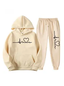 A Two-Piece Set for Plus-Size Women Featuring a Heart Print Hoodie with Raglan Sleeves And Drawstring Waist Sweatpants. This Casual Outfit Includes a Long-Sleeved Hooded Pullover And Jogging Pants with Pockets, Perfect for Autumn And Winter