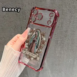Electroplated Four Corner Anti-Fall Virgin Mary Pattern Phone Case for iPhone 17 16 Pro Max 15 Plus 14 13 12 11 E Air Shockproof Transparent Protective Cover