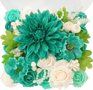 TINGE TIME Artificial Flowers Teal Green & Champagne Flower Combo for DIY Wedding Bouquets Table Centerpieces Arrangements Party Dinner Party Baby Shower Home Decorations Decorative Floral
