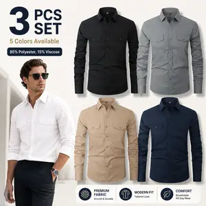 Men’s 3-piece button shirt set featuring long-sleeve casual dress shirts with pockets, suitable for office, business, and everyday wear.