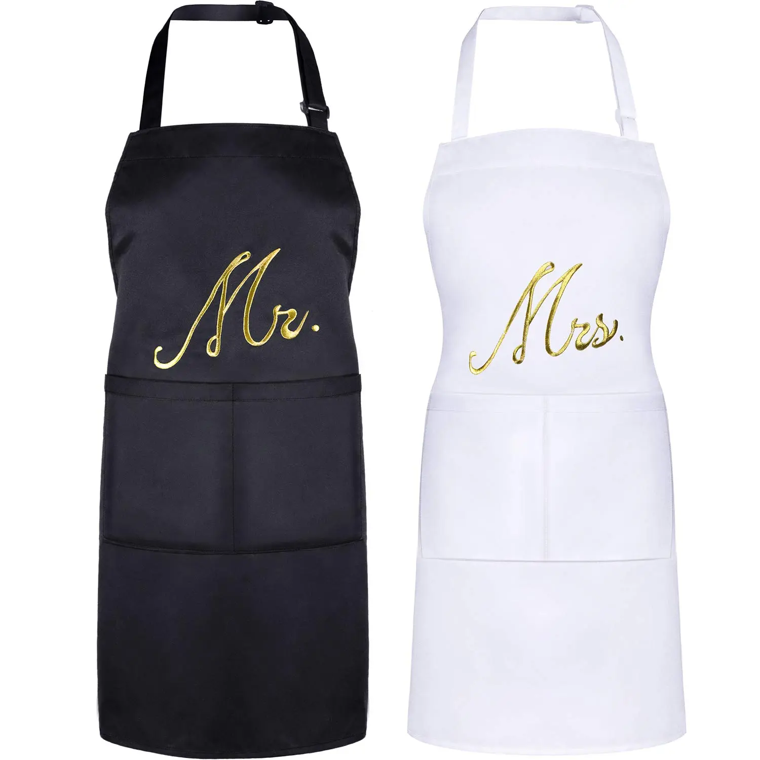 2 Piece Mr. and Mrs. Couple Apron Set Kitchen Aprons Matching Engagement Wedding Anniversary Bridal Shower Gift for Bride   Adjustable