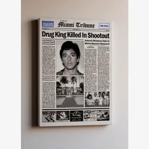 Scarface Tony Montana Newspaper Canvas Poster, Retro Miami Tribune Wall Art, Classic Movie Decor for Man Cave, Vintage Gangster Print, Home Office Wall Decor