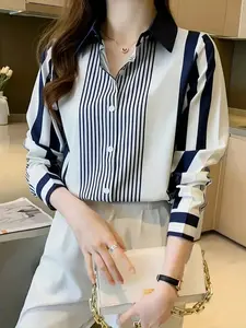 Elegant Designer Striped Polyester Shirt Blouse, Loose Fit &, Long Sleeve Button-Down Collar, Perfect for Spring & Fall Casual Wear