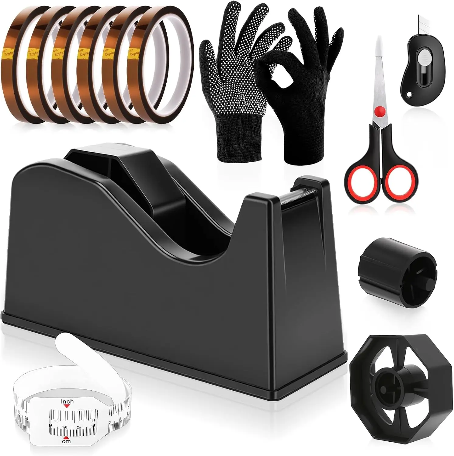 12 Pcs Heat Tape Dispenser Set Sublimation Heat Resistant Gloves with Silicone Bumps 6 Pcs Heat Tape Mini Cutter Measuring Ruler Scissor for Office Home Black