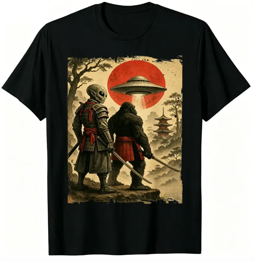 Japanese Samurai Alien Bigfoot UFO T-Shirt, 100% Cotton Retro Art Graphic Tee