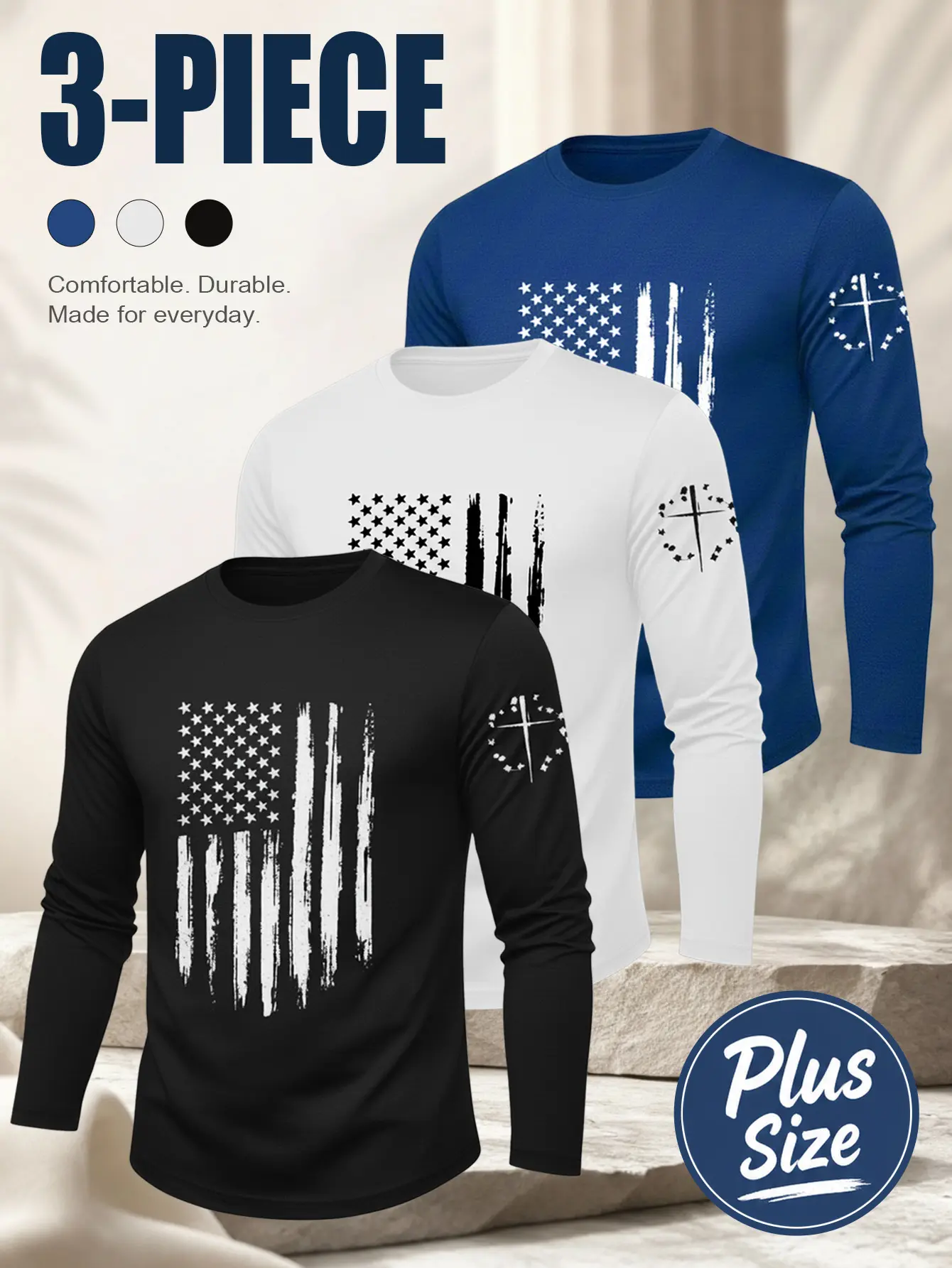 3-piece set for men: long-sleeve shirt featuring the American flag cross; retro distressed USA flag Christian cross print crewneck T-shirt; soft, breathable plus-size casual patriotic top suitable for everyday outdoor wear. tiktokshopbacktoschool