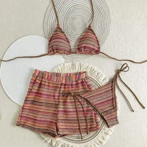 BIGWIG Women's Lace-Up Beach Vacation Bikini Three-Piece Set, Colorful Striped Halter Bikini Swimsuit, Triangle Swimsuit with Knitted Beach Shorts, Padded Swimsuit