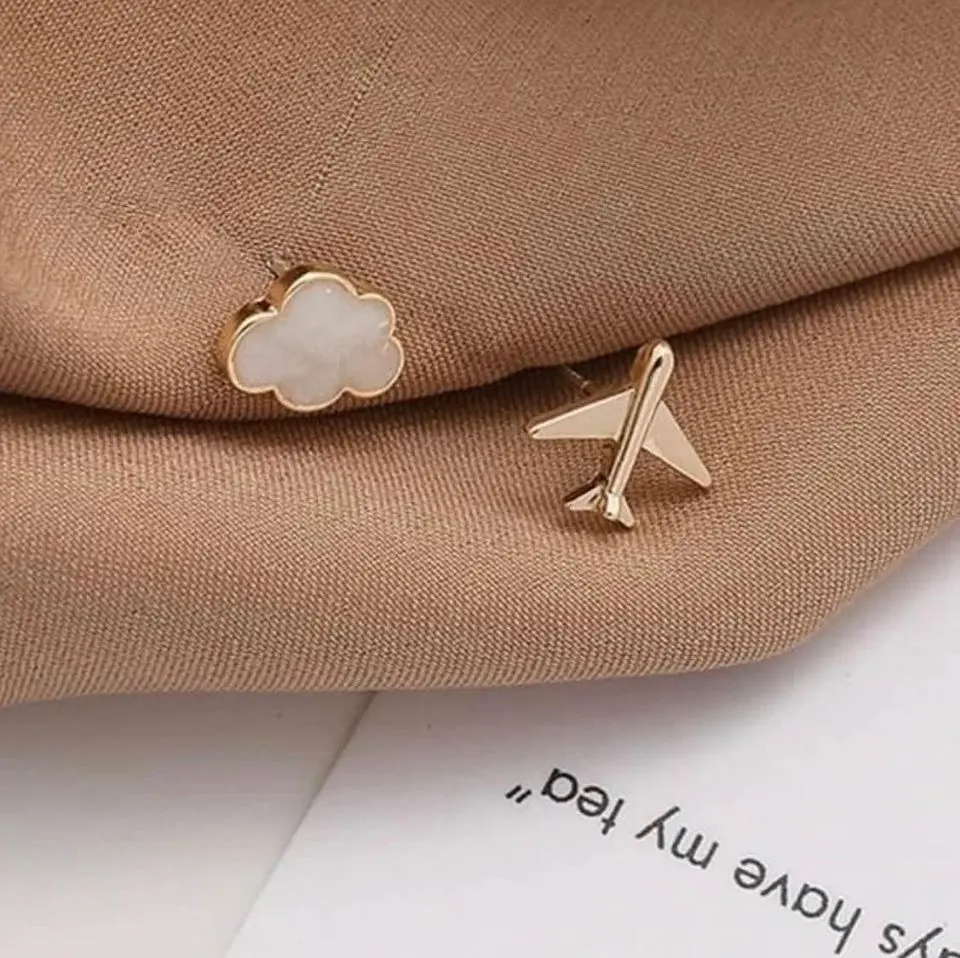Cute Airplane & Cloud Asymetrical Stud Earrings, Sky, Flight Atendant, Gift