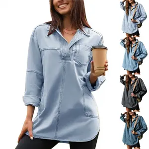 FMEYOA Women's Denim Pullover Casual Button V Neck Blouse Loose Fit Long Sleeve Jean Jacket with Pocket