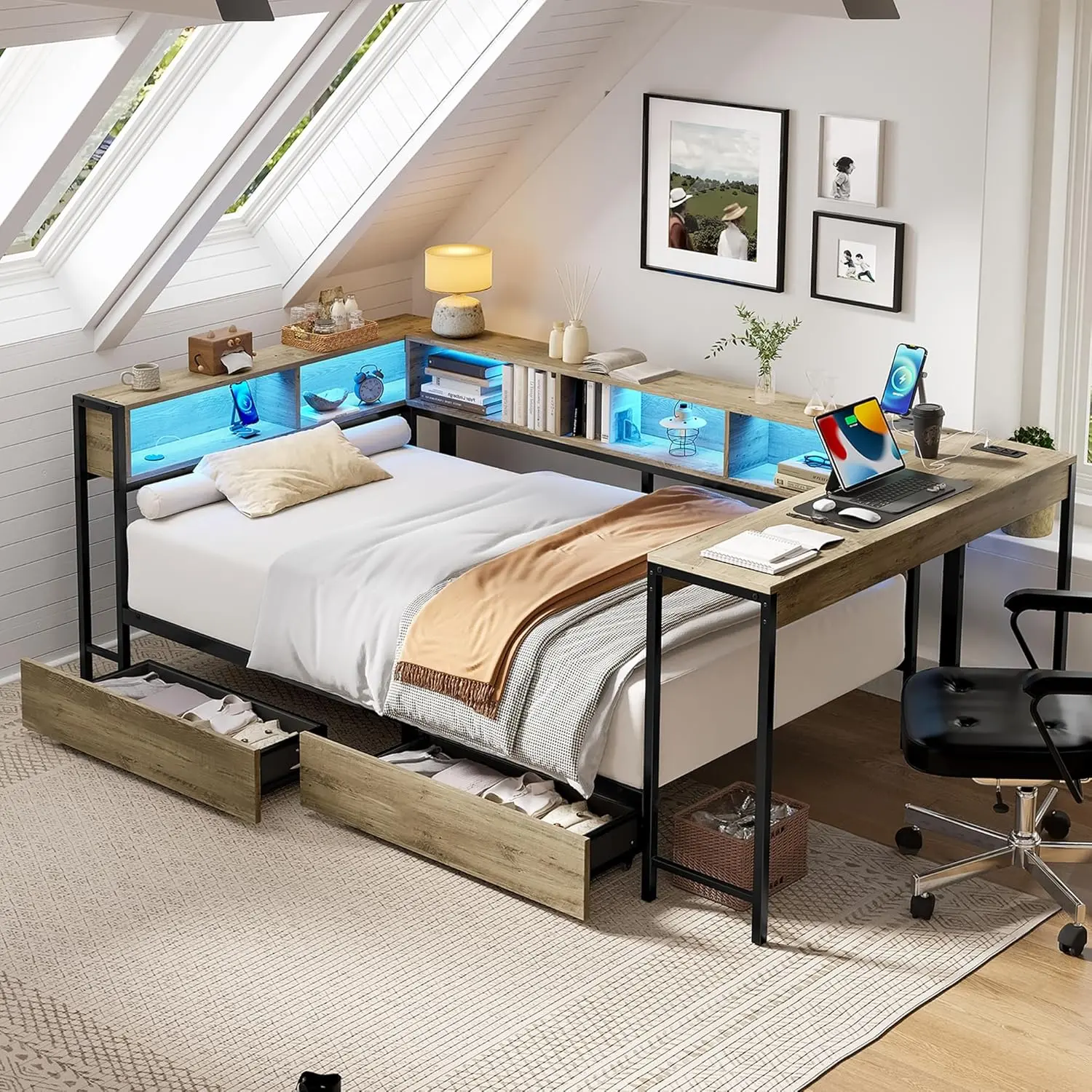 Twin Corner Daybed Frame with Built-In Desk & Bookcase, LED Light & Charging Station, Storage Drawers, Metal Bed Frame for Bedroom, Living Room & Guest Room,Grey