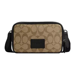 COACH Carrier 18 Logo-Embossed Canvas and Smooth Calfskin Camera Bag – Small Crossbody Shoulder Bag for Men, Khaki