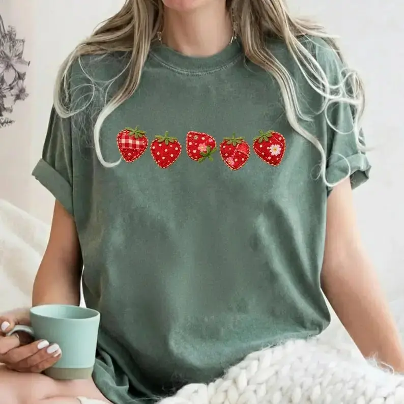 Comfort Colors Faux Patchwork Strawberry PRINT T-shirt, Faux Summer Embroidered Shirt, Spring Gift Shirt, Cottagecore Fruit Tshirt, Varsity Mom Tee - TrendWear USA
