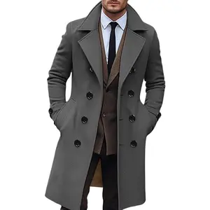 Elegant Men’s Gray Tweed Pea Coat – Warm, double-breasted, long-sleeved coat with side pockets and brown trim; casual solid-color winter cardigan for streetwear.