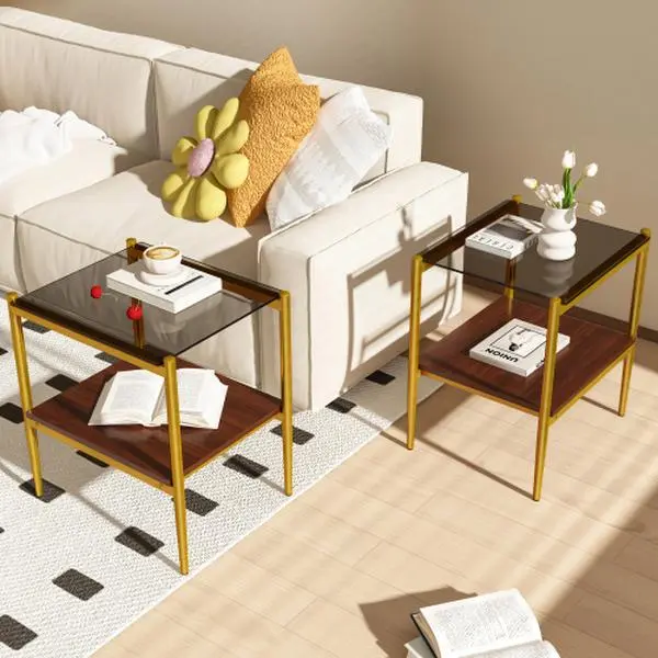 Bellemave 2-Piece Modern Living Room End Table Set, Rectangle Tables with Tempered Glass & MDF Layer Tabletops
