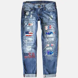 Independence Day Theme | Women’s distressed jeans with USA flag patch, vintage rolled hem, 9/10 length casual pants