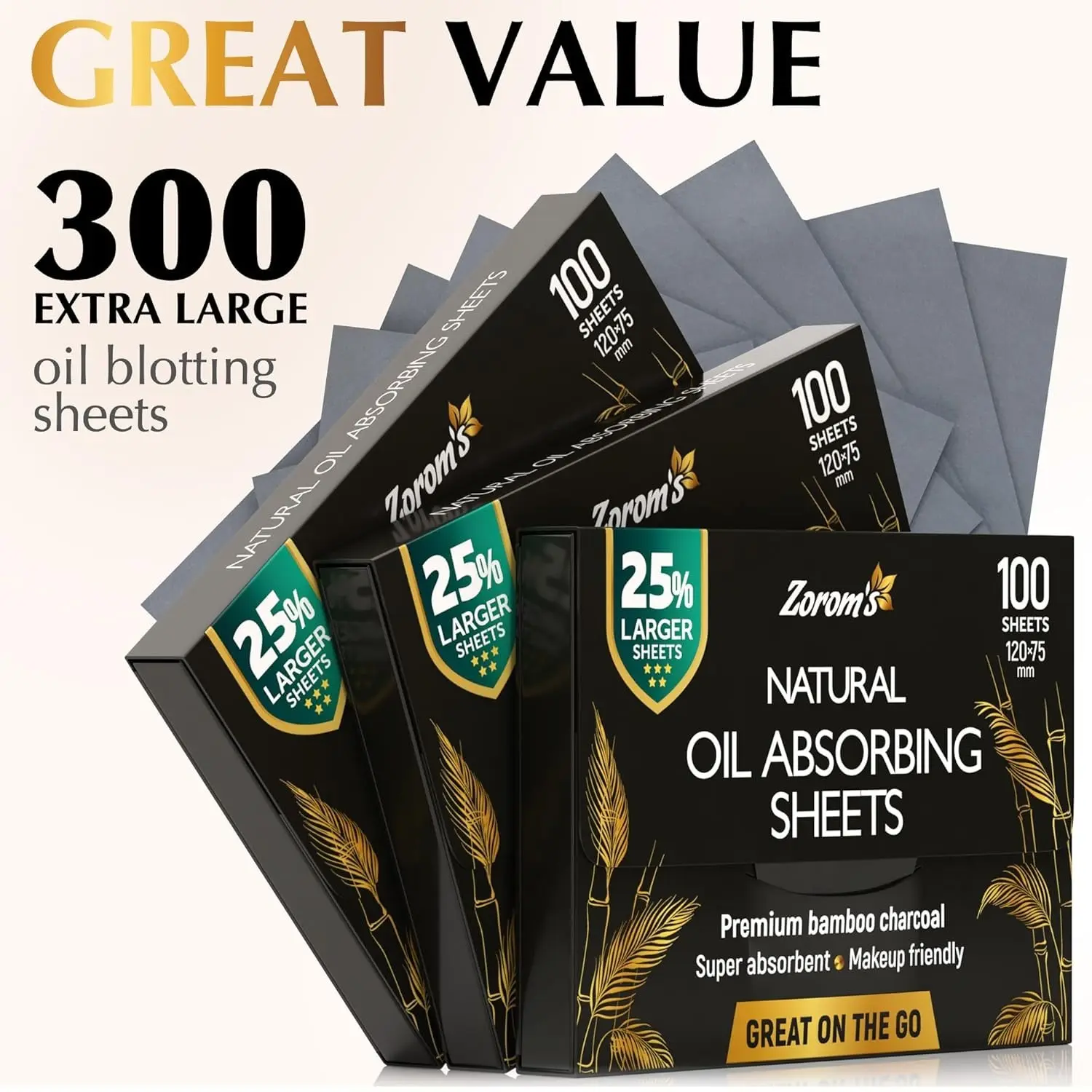 3 Pack 300 Sheets Natural Bamboo Charcoal Oil Blotting Sheets for Face, 25% Larger Makeup Friendly Oil Absorbing Blotting Papers, Easy Dispensing Portable Purse Size Oil Sheets for Oily Skin