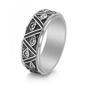 Vintage Style Triangle Pyramid Eye of God Men's Ring Titanium Steel Statement Jewelry