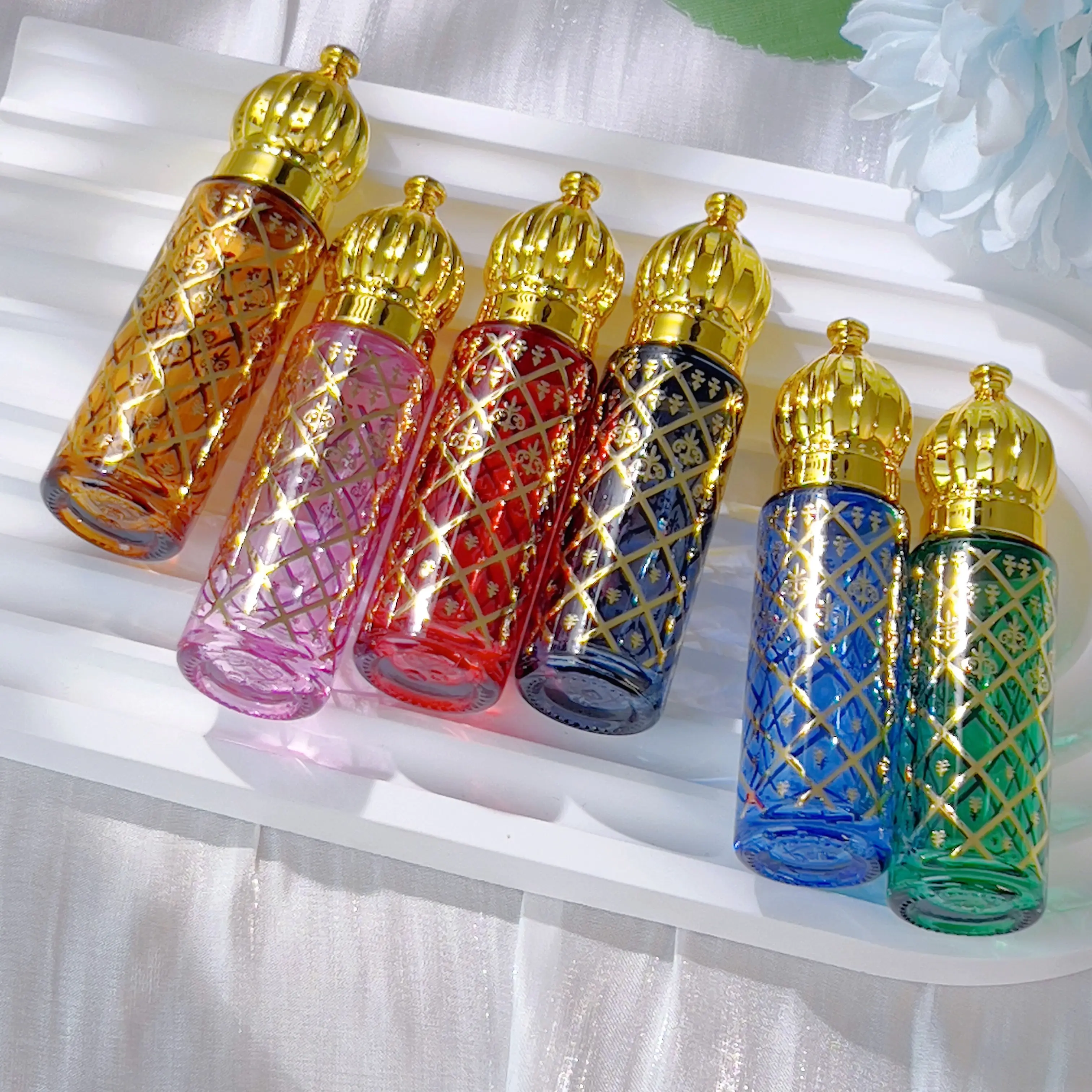 6-Pack 0.27oz Colored Glass Roller Bottles with Gold Checkered Caps - Portable Cosmetic Travel Makeup Tools for Essential Oils, Bright Blue/Green/Red, Exquisite Design Details