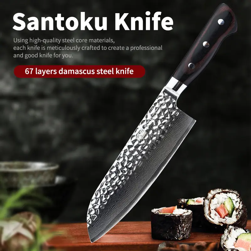 FINDKING Raven Series 7-Inch Damascus Santoku Knife - Japanese-Inspired Chef Knife with Steel Blade & Wood Handle, Versatile Asian Culinary Tool for Vegetable Preparation, Knives