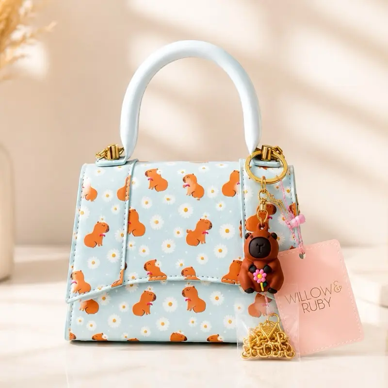 Willow & Ruby Adorable Capybara Print Handbag with Floral Design and Cute Keychain Accessory for Women