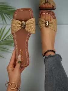 New Woven Bow Sandals Metal Buckle Flat Strap Slippers Soft Lightweight, Casual Solid Pattern, All Seasons Footwear Women