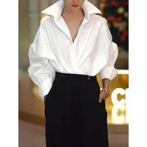 Women's flat bat sleeve shirt, spring and autumn casual long sleeved collar top, women's daily clothingRAIMENTRY