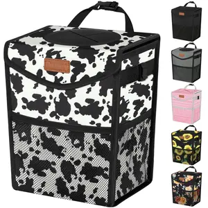 Car Trash Can with Lid, Cute Leakproof Car Trash Garbage Bag Hanging Vehicle Trash Bin Small Portable Automotive Garbage Cans Organizer for Back/Front Seat/Console (Trapezoid,Cow Print)