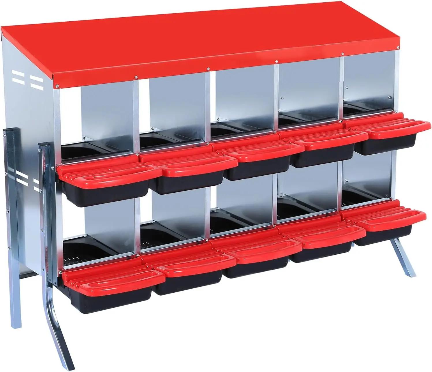 10-Hole Red Metal Chicken Coop with Stand and Egg Collection Tray - Ventilated Poultry House Equipment for Hens