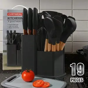 19-Piece Kitchen Knife Set with Heat-Resistant Silicone Cutlery & Wooden Handles - Includes Chef Knife,Silicone Cooking Set,19pcs Large Non-stick,Measuring Cups and Spoons Set with StainlessSteel Handle Kitchen Gadgets.