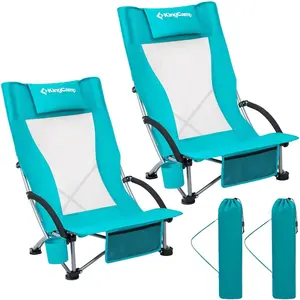 KingCamp Low Beach Chair 2-Pack, High Back Folding Camping Chairs for Adults – Space-Saving Segmented Tall Back, Stuffable Pillow Sleeve, Oversized Breathable Mesh Seat, 300lbs Heavy Duty Portable Chairs with Cup Holder & Storage Pockets for Beach