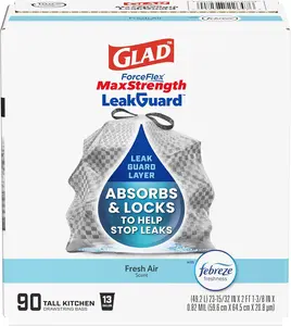 Glad ForceFlex MaxStrength LeakGuard Trash Bags, 13 Gal, Fresh Air, 90 Ct (Package May Vary)