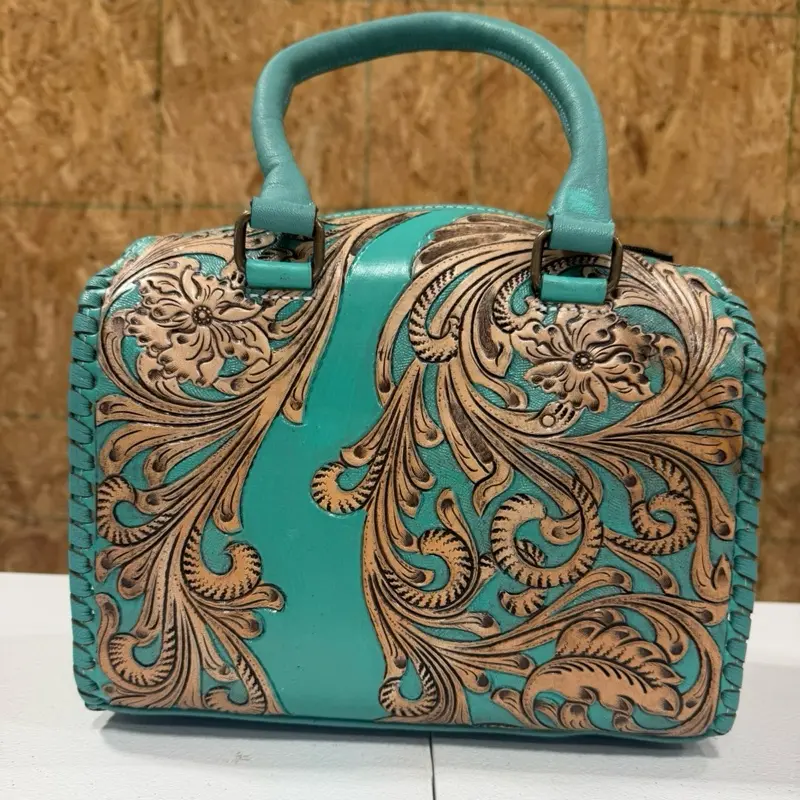 Genuine Hand-Tooled Leather Medium Speedy Bag, Turquoise with Brown tooled Detailing