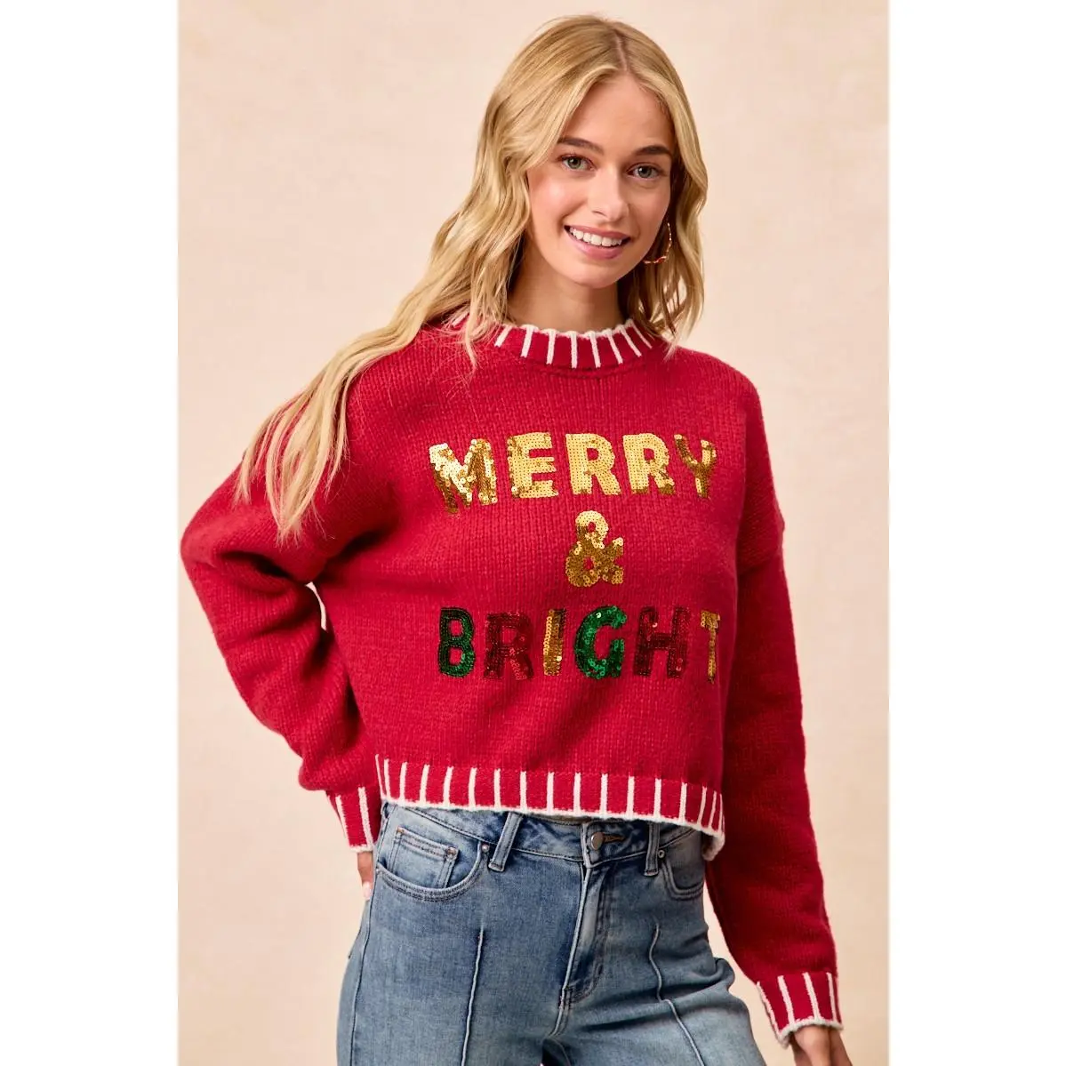BiBi Christmas Theme Sequin Lattering Sweater