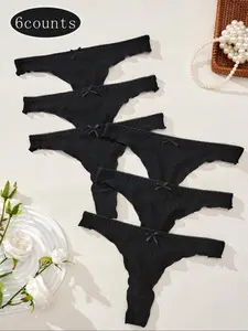 5/6 Pcs Plain Simple Bow Women's Underwear Thong Briefs Panties Multi-Color Set, Intimates Briefs, Fitted Letter Pattern, All Seasons, Perfect for Outing and Dates