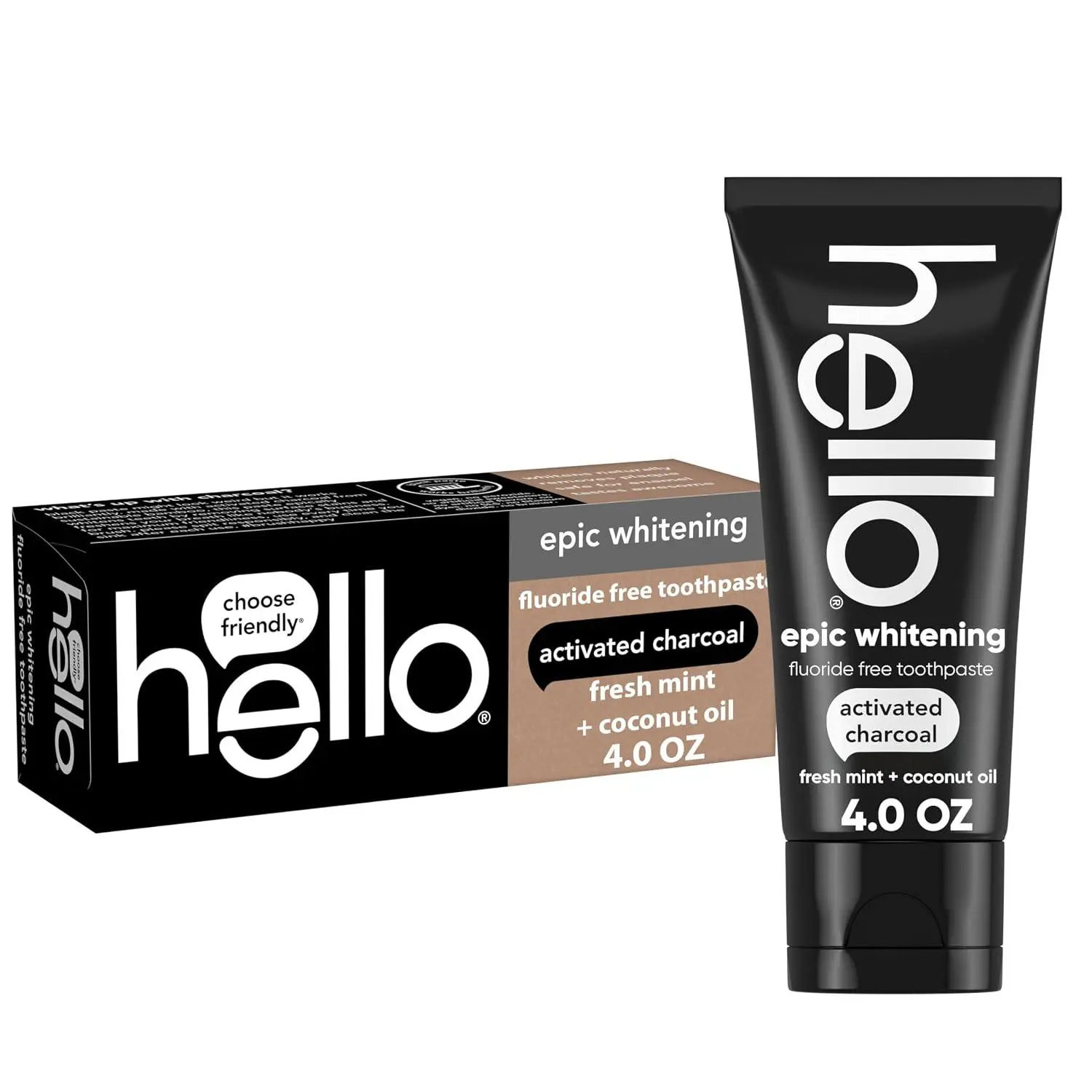 hello Epic Whitening Activated Charcoal Toothpaste, 4 oz | Fluoride Free, Fresh Mint and Coconut Oil, Whitens Teeth Naturally, Enamel Safe, Vegan, SLS Free, Dye Free