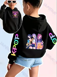 Girls Kpop Demon Hunters Graphic Print Hoodie, Casual Fitted Sweatshirt, Autumn Winter Elastic Fabric, Cartoon Print, Christmas Gift